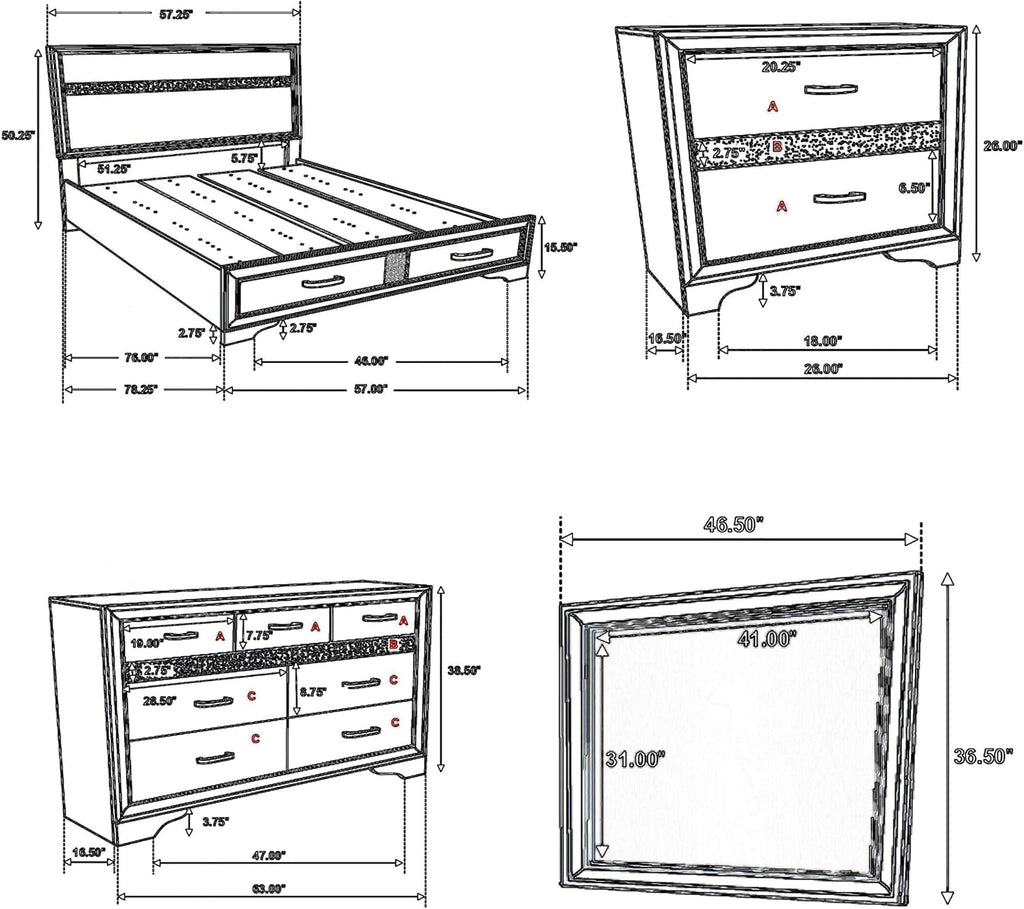 Benjara Vino 4pc Full Bedroom Set- Storage Footboard- White/Glitter Stripes