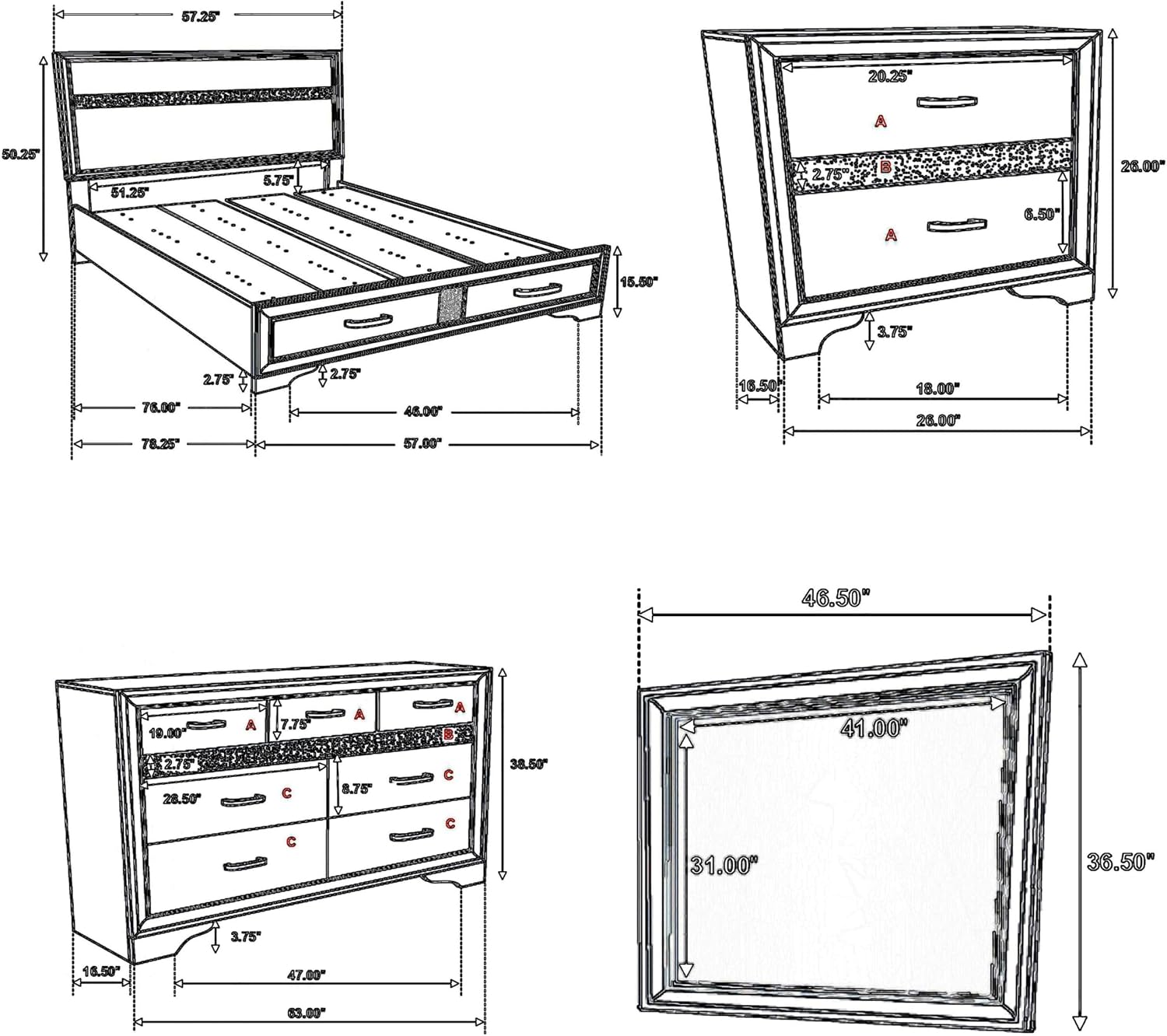 Benjara Vino 4pc Full Bedroom Set- Storage Footboard- White/Glitter Stripes