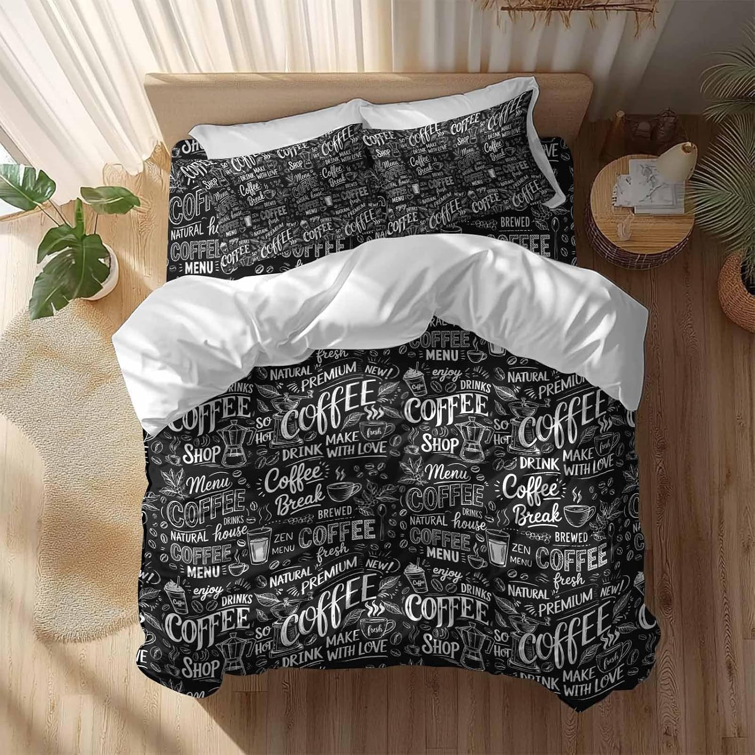 Black White Theme Duvet Cover Set Queen Size 4 Pieces Modern Bread Coffee Pot Milk Drink Minimalist Bedding Set with Zipper Closure, 1 Comforter Cover 92x106 Inches 1 Flat Sheet & 2 Pillow Cases