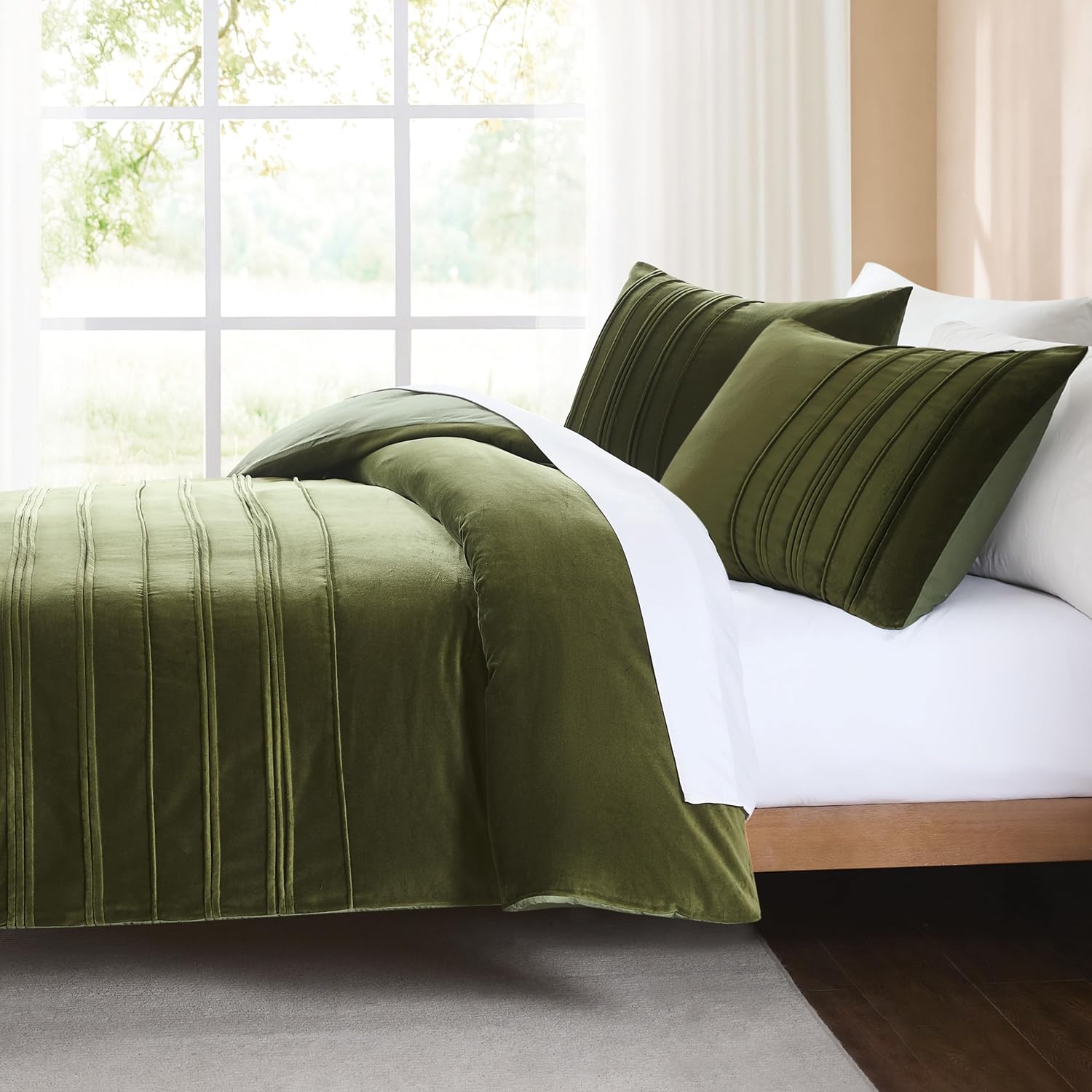Lush Decor x Chuks Collins Pleated Groove Velvet Duvet Cover 3 Piece Set Queen Green - Velvet Bedding Set - Duvet Cover Queen - Green Duvet - Luxury Bedding