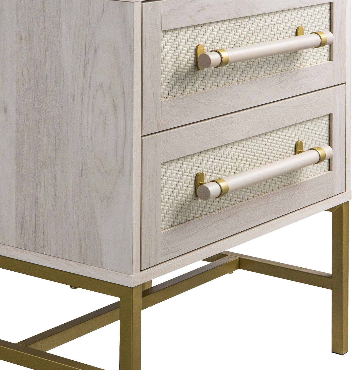 Sophia 2-Drawer Nightstand in Sand Finish with Rattan Fronts, Elegant Gold-Tone Bar Pulls, and Slim Metallic Legs- Ideal Bedroom Furniture for Boho, Transitional, and Modern Interiors