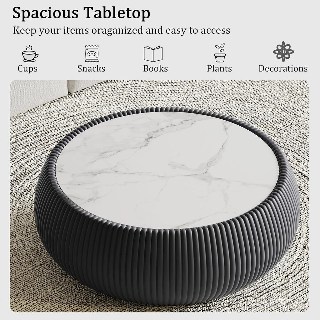 27.55' Grey Round Coffee Table, Drum Coffee Table with Sintered Stone Tabletop and Fluted PU Leather Covered and Stable Base, Circle Cocktail Tea Table for Living Room