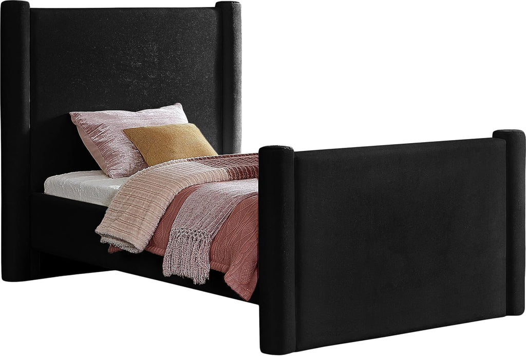 Meridian Furniture B1298Black-T Elias Collection Modern | Contemporary Twin Bed with Soft Black Velvet, Solid Wood Inner Frame, 52' W x 83.5' D x 52' H, Black, Twin