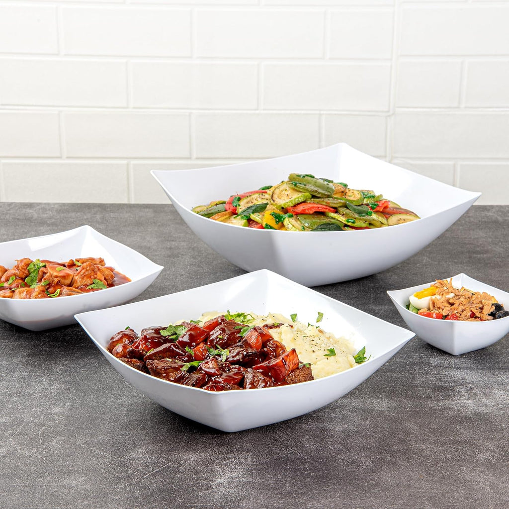 Restaurantware Moderna 64 Ounce Fancy Plastic Bowls 100 Square Disposable Salad Bowls - Durable Heavy-duty White Plastic Bowls For Warm And Cold Foods