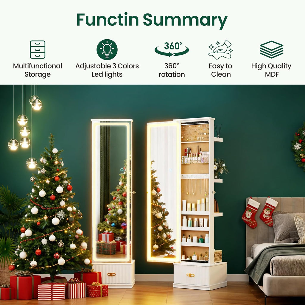 HNEBC LED Jewelry Cabinet Standing, Full Length Mirror with Storage/3 Color Adjustable LIghts, Jewelry Armoire has 3 Photo Frames/4 Shelfs/1 Drawer,Space-Saving Organizer,Gifts for Women