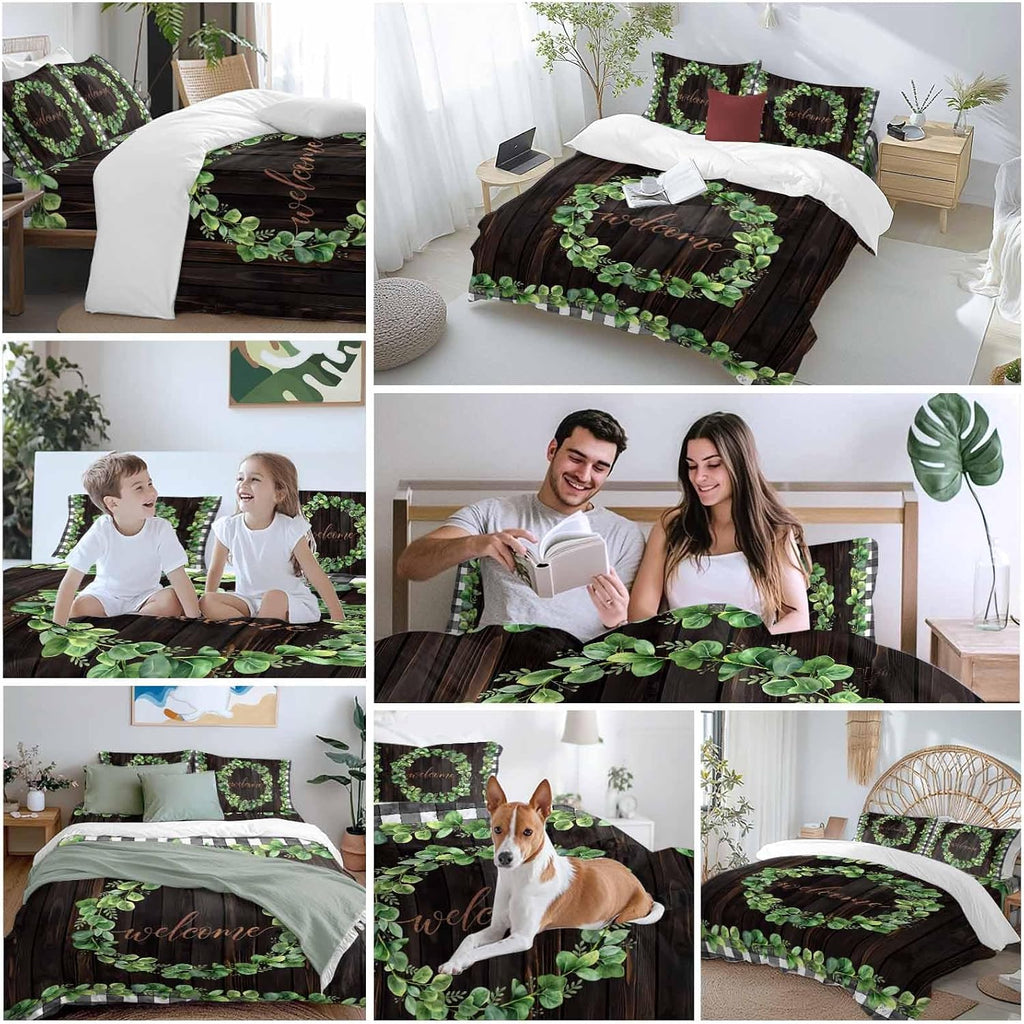 Welcome Duvet Cover Set Queen Size 4 Pieces Spring Eucalyptus Leaf Plaid Farmhouses Brown Wood Bedding Set with Zipper Closure, 1 Comforter Cover 90x92 Inches 1 Flat Sheet & 2 Pillow Cases