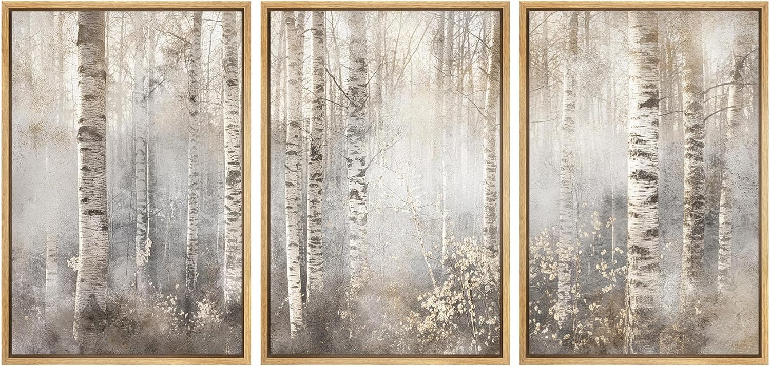SIGNWIN Framed Canvas Print Wall Art Set Serene Birch Tree Forest in Soft Tones Illustrations Modern Bohemian Scenic Colorful Ultra for Living Room, Bedroom, Office - 24'x36'x3 Natural