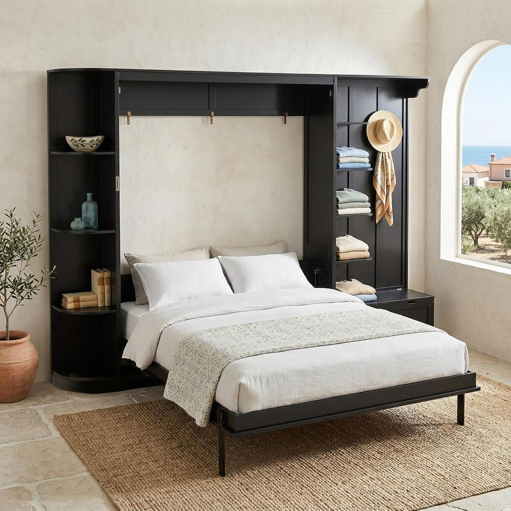 Queen Murphy Bed with Storage Shoe Cabinet,Storage Bench,Hooks & LED Lights,Wood Murphy Wall Bed with Shelves Bookcase and Cabinet, Space-Saving for Small Spaces Office Guest Room (Black,Queen)