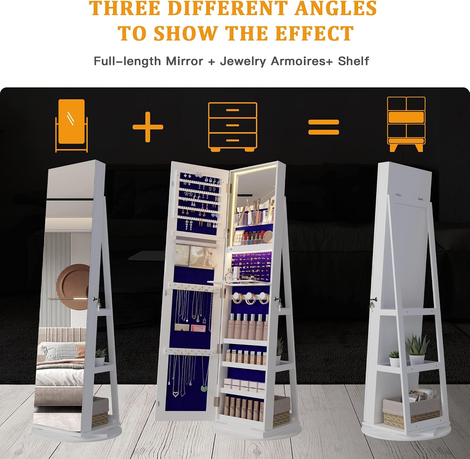 HNEBC LED Light Jewelry Organizer Mirror 360° Rotating, Jewelry Armoire with Door Mirror, Full Length Mirror Jewelry Cabinet, Mirror with Jewelry Storage, Large Jewelry Boxes & Organizers（B_White）