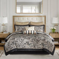 Madison Park Aubrey Cozy Comforter Set, Faux Silk Jacquard Paisley Design - All Season Down Alternative Bedding with Cotton Bed Sheets, Bed Skirt & Toss Pillows, Full Black 12 Piece