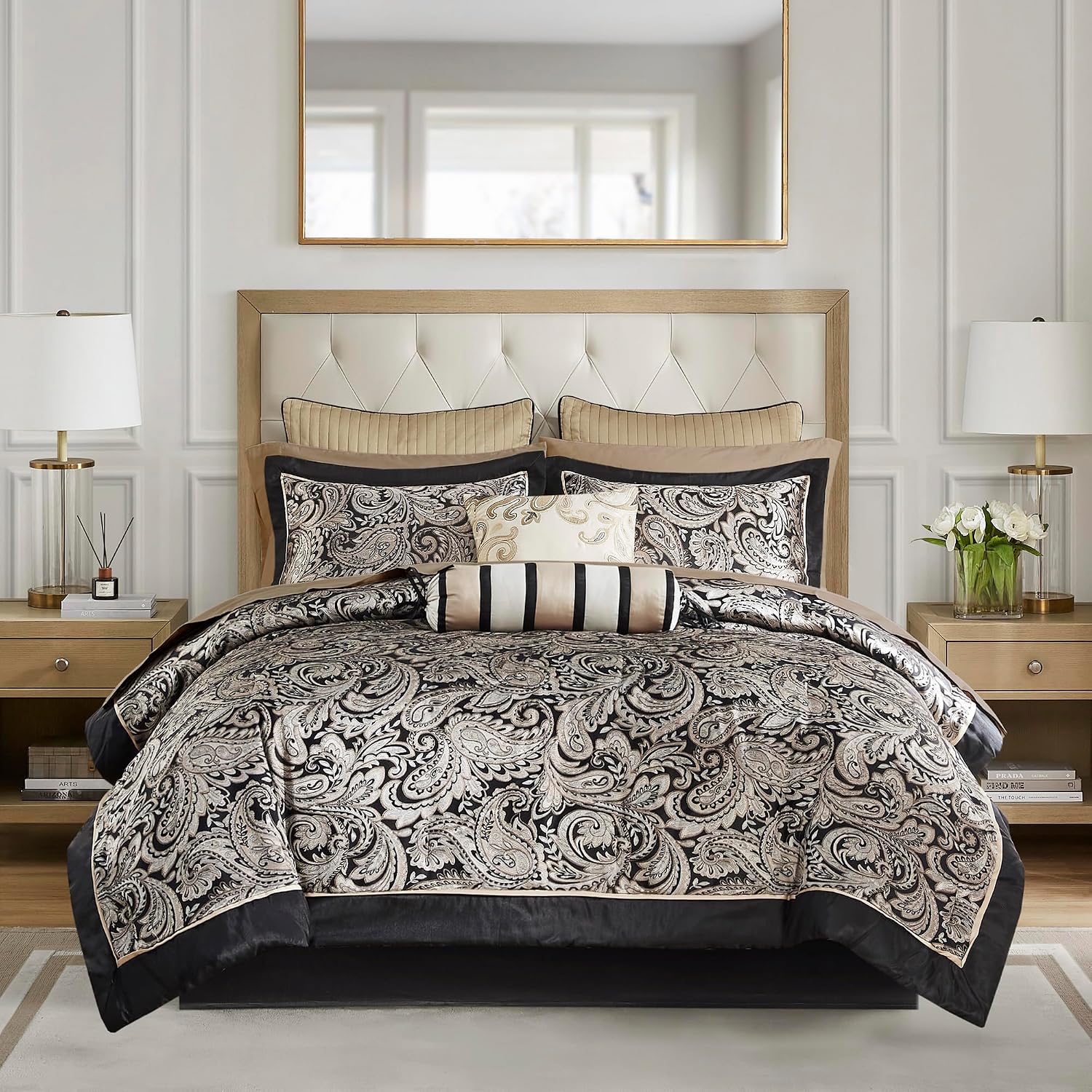 Madison Park Aubrey Cozy Comforter Set, Faux Silk Jacquard Paisley Design - All Season Down Alternative Bedding with Cotton Bed Sheets, Bed Skirt & Toss Pillows, Full Black 12 Piece