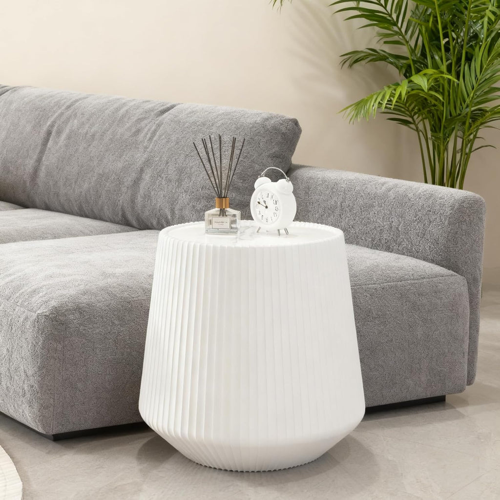 19.68' White Round Coffee Table, Drum Coffee Table with Sintered Stone Tabletop and Fluted PU Leather Covered and Stable Base, Circle Cocktail Tea Table for Living Room