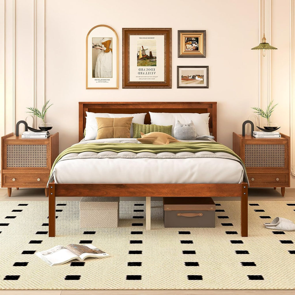 Giantex Full Size Wood Platform Bed with Headboard, Mid Century Solid Wood Full Bed with Slat Support, Double Bed Frame with 16' Under Bed Storage, No Box Spring Needed, Easy Assembly, Walnut