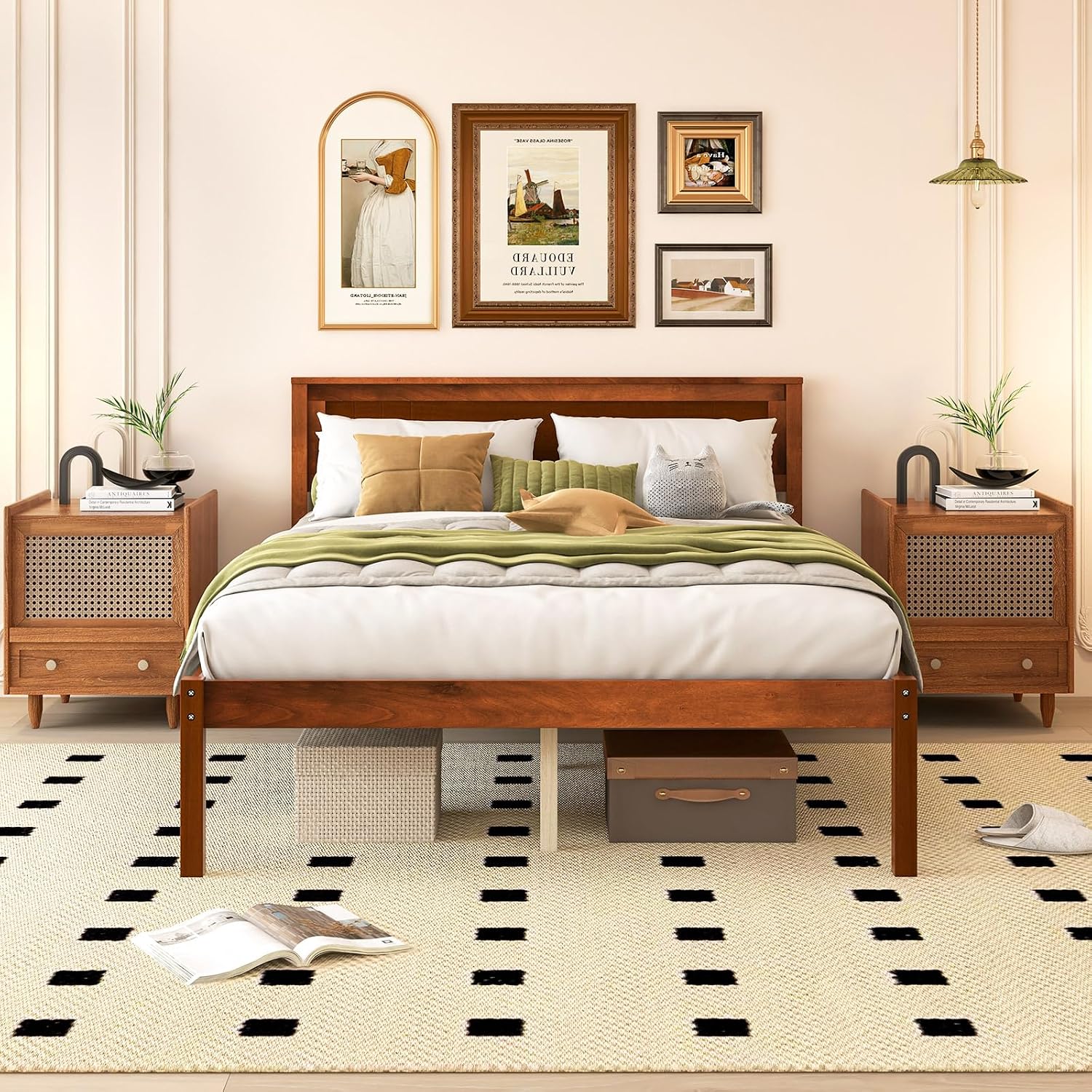Giantex Full Size Wood Platform Bed with Headboard, Mid Century Solid Wood Full Bed with Slat Support, Double Bed Frame with 16' Under Bed Storage, No Box Spring Needed, Easy Assembly, Walnut
