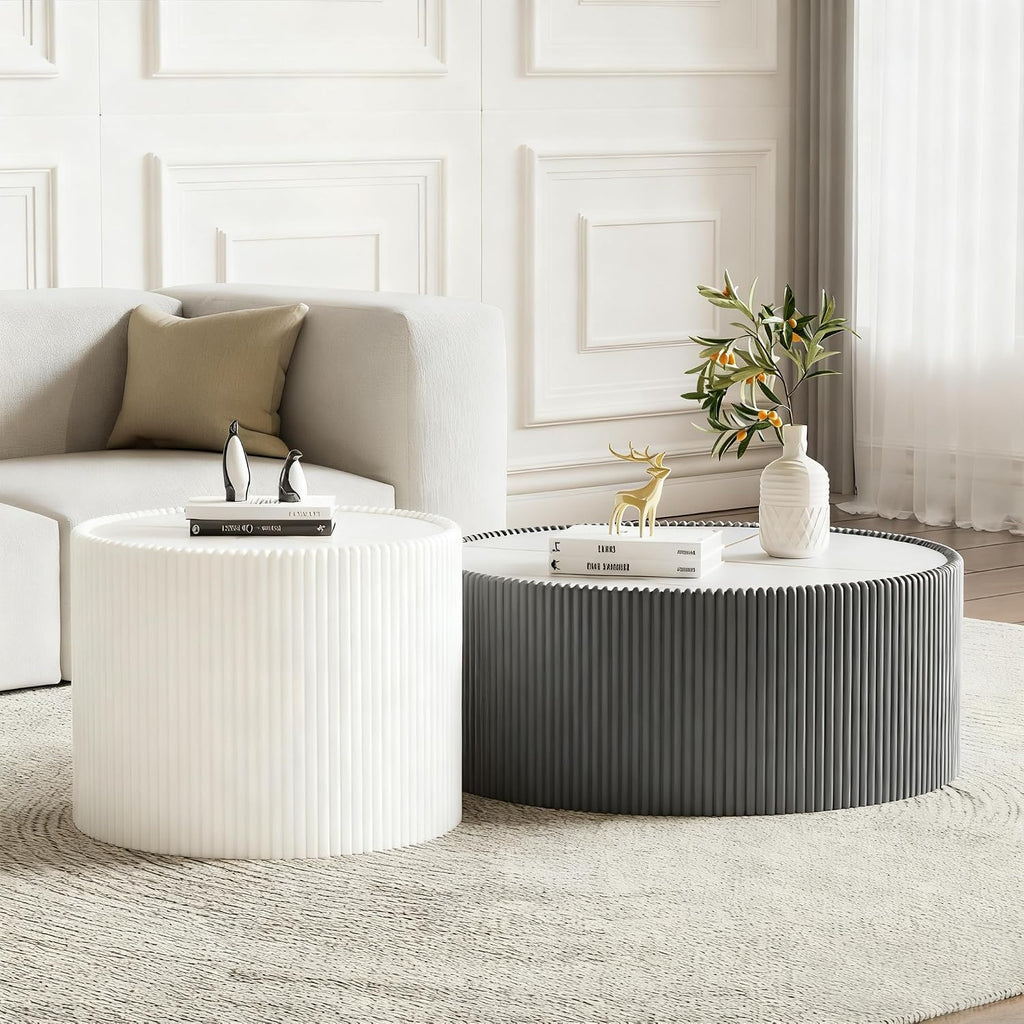 Round Coffee Table Set, 29.52' Grey Drum Center Table and 17.71' White Coffee Table Set, 2 Pieces Living Room Table Set with Sintered Stone Tabletop,Fluted PU Leather Covered and Stable Base