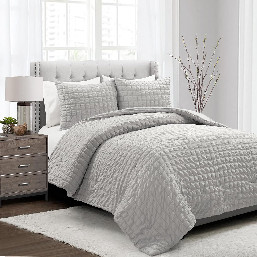 Lush Decor Crinkle Textured Dobby 3 Piece Comforter Set, King, Light Gray