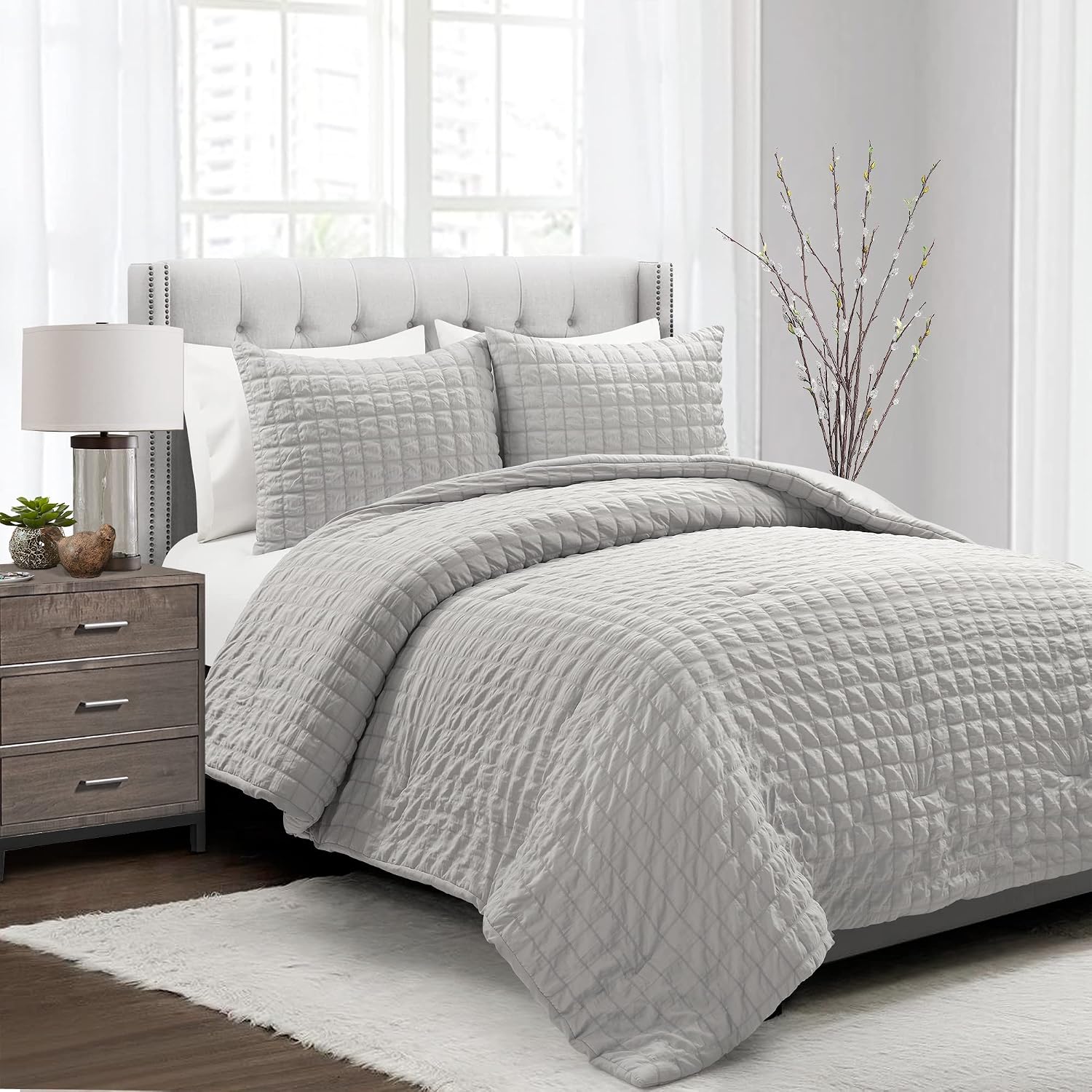 Lush Decor Crinkle Textured Dobby 3 Piece Comforter Set, King, Light Gray