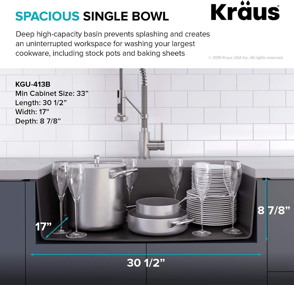 KRAUS 31 Inch Undermount Single Bowl Black Onyx Granite Kitchen Sink with WasteGuard™ Continuous Feed Garbage Disposal, KGU-413B-100-75MB