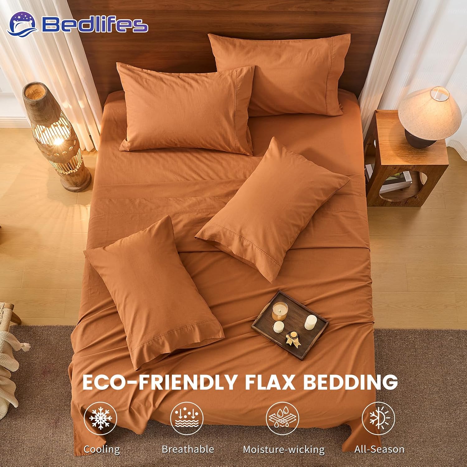 Bedlifes 100% French Pure Linen Sheets California King Size Breathable and Cooling Flax Sheet Set Soft Durable and Moisture Wicking 16 Inch Deep Pocket-4 Piece(Cal King,Brown)