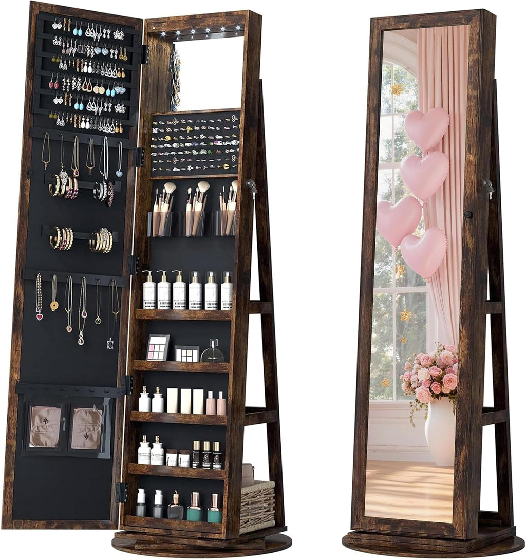 LVSOMT Mirror Jewelry Cabinet Standing, 360° Swivel Jewelry Armoire with 6 LED Lights and Interior Mirror, Full Length Mirror with Storage, Standing Lockable Jewelry Organizer, Retro Brown