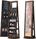 LVSOMT Mirror Jewelry Cabinet Standing, 360° Swivel Jewelry Armoire with 6 LED Lights and Interior Mirror, Full Length Mirror with Storage, Standing Lockable Jewelry Organizer, Retro Brown