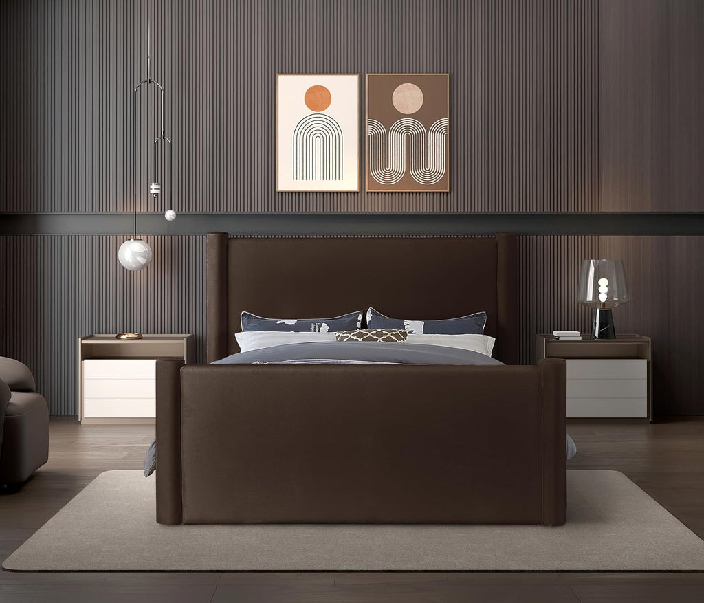Meridian Furniture B1298Brown-Q Elias Collection Modern | Contemporary Queen Bed with Soft Brown Velvet, Solid Wood Inner Frame, 73.5' W x 88.5' D x 52' H, Brown, Queen