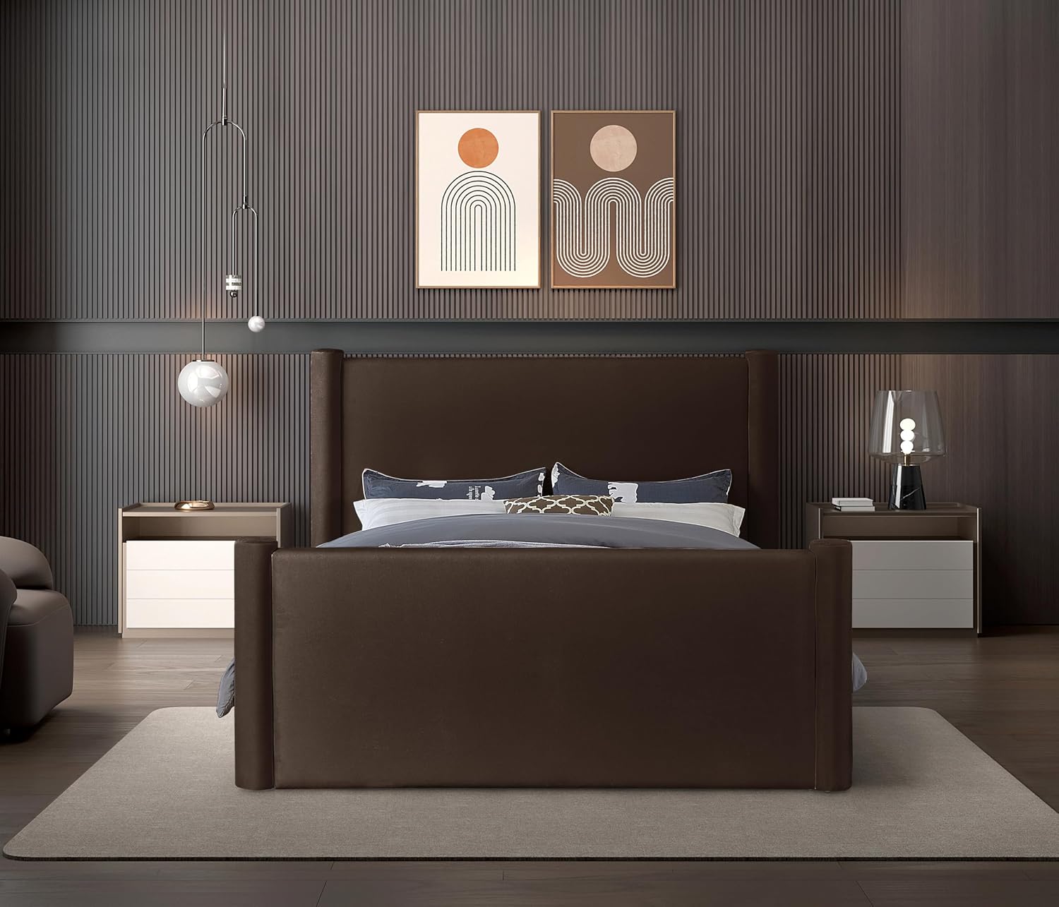 Meridian Furniture B1298Brown-Q Elias Collection Modern | Contemporary Queen Bed with Soft Brown Velvet, Solid Wood Inner Frame, 73.5' W x 88.5' D x 52' H, Brown, Queen