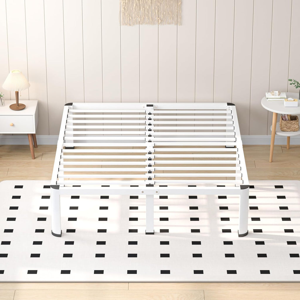 VIPSHOW 18 Inch White Full Heavy Duty 3500 lbs Bed Frame with Round-Corner Legs & Anti-Squeak Design – Quick Assembly Metal Platform, No Box Spring Needed