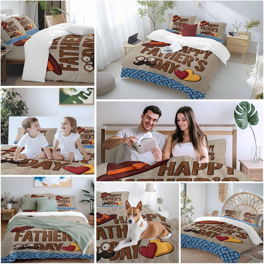 Prime Leader Father's Day Duvet Cover Set Queen Size 4 Pieces Wood Grain Retro Love Heart Hat Brown Blue Bedding Set with Zipper Closure, 1 Comforter Cover 92x106 Inches 1 Flat Sheet & 2 Pillow Cases