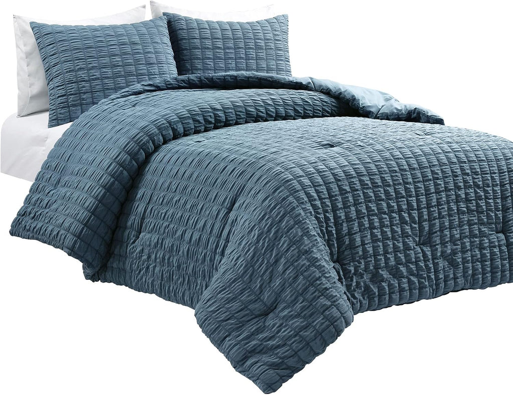 Lush Decor Crinkle Textured Dobby 3 Piece Comforter Set, Full/Queen, Blue