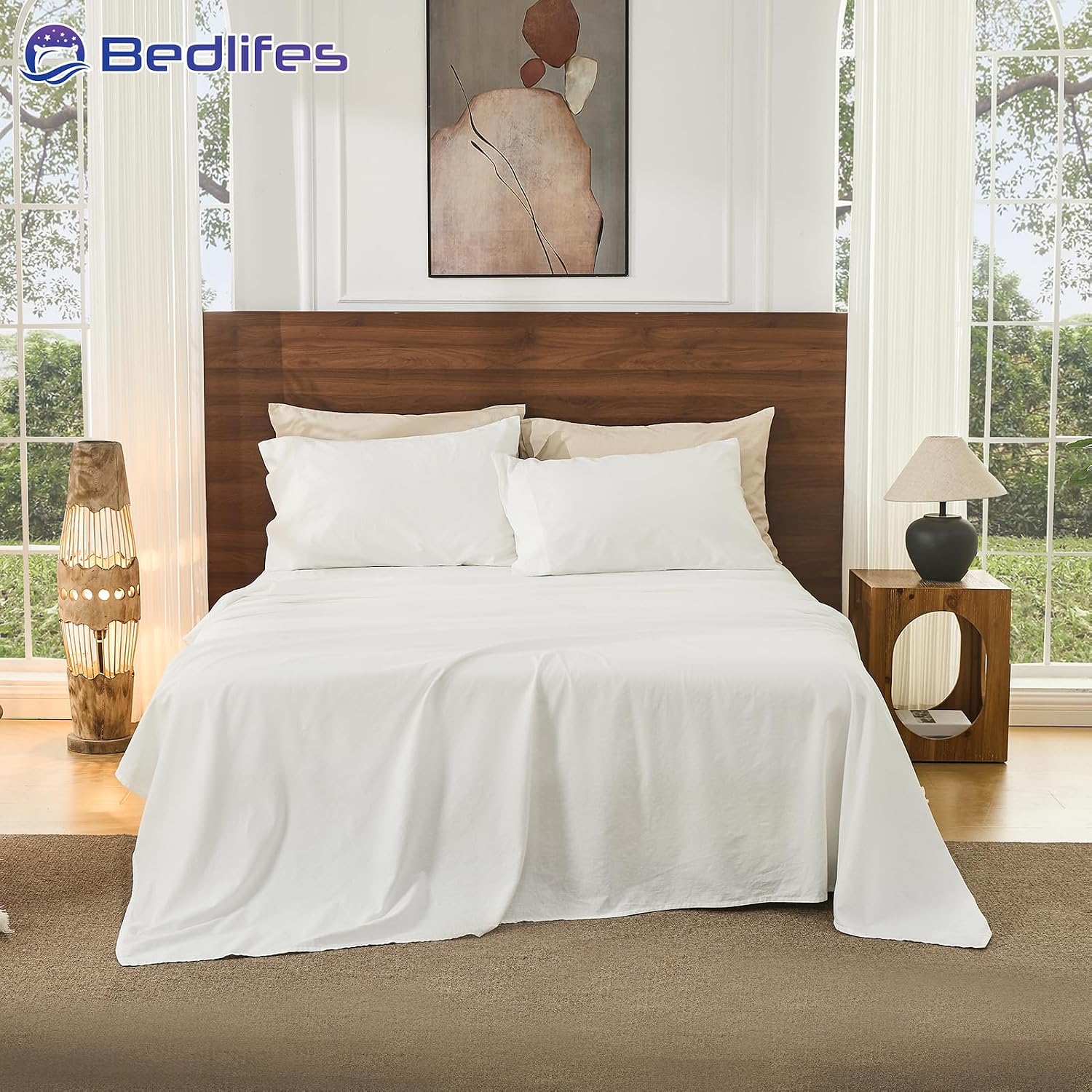 Bedlifes 100% French Pure Linen Sheets Queen Size Breathable and Cooling Flax Sheet Set Soft Durable and Moisture Wicking 16 Inch Deep Pocket-4 Piece(Queen,White)