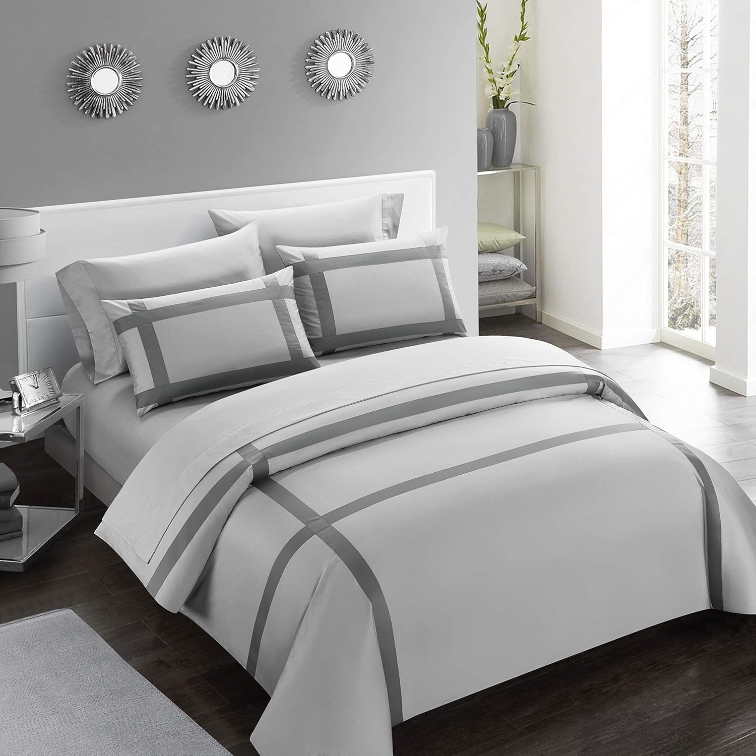 Casabolaj Equilibrio Duvet Covers Set King Size 3 Pieces Do Not Include Filling Casual Modern Minimalist Siver and Grey Color 100% Egyptian Cotton Sateen Luxury 400 TC Cross Patchwork Manufacturing