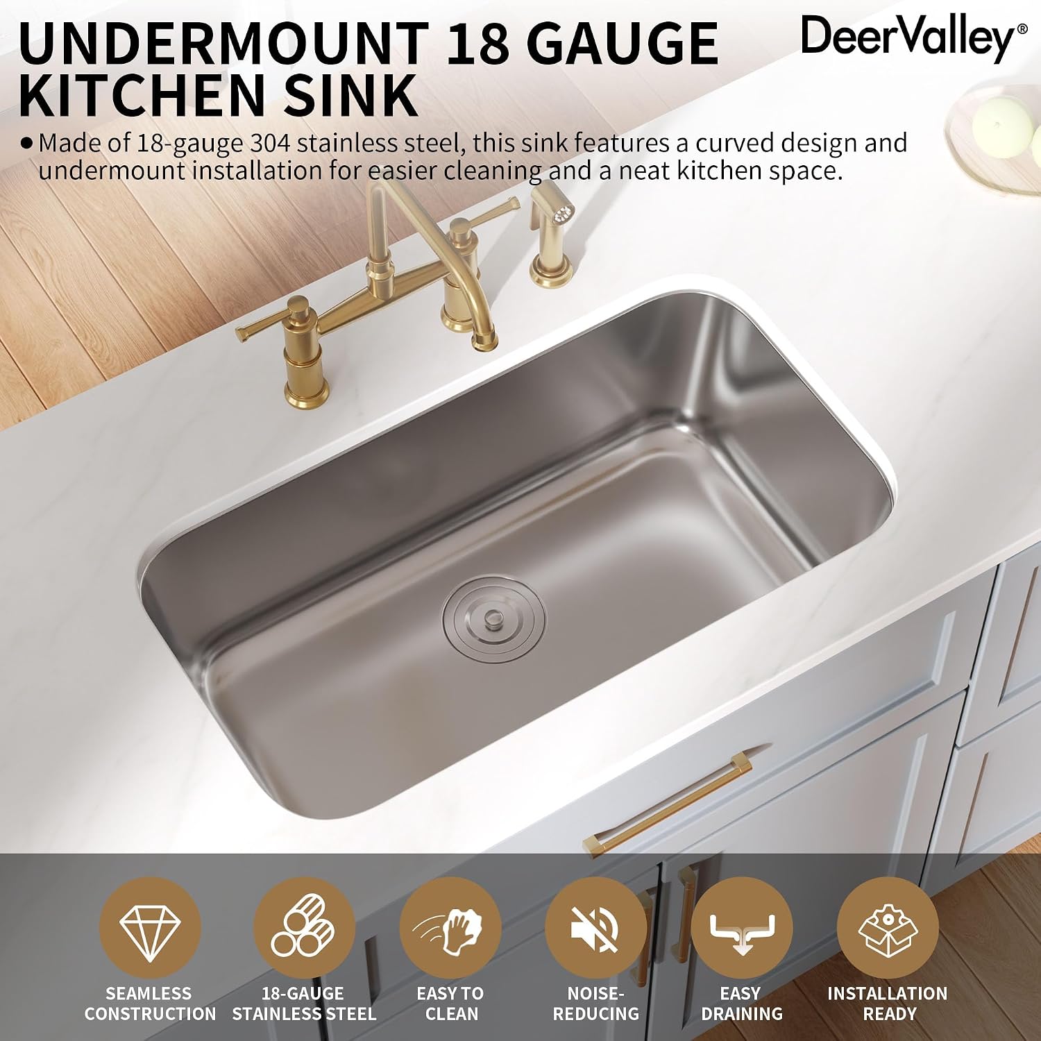 DeerValley 32 Inch Undermount Kitchen Sink 18 Gauge Stainless Steel Kitchen Sink Spacious Single Bowl Sinks with Basket Strainer Curved Shape Round Corner Deep Sinks for Modern Kitchens