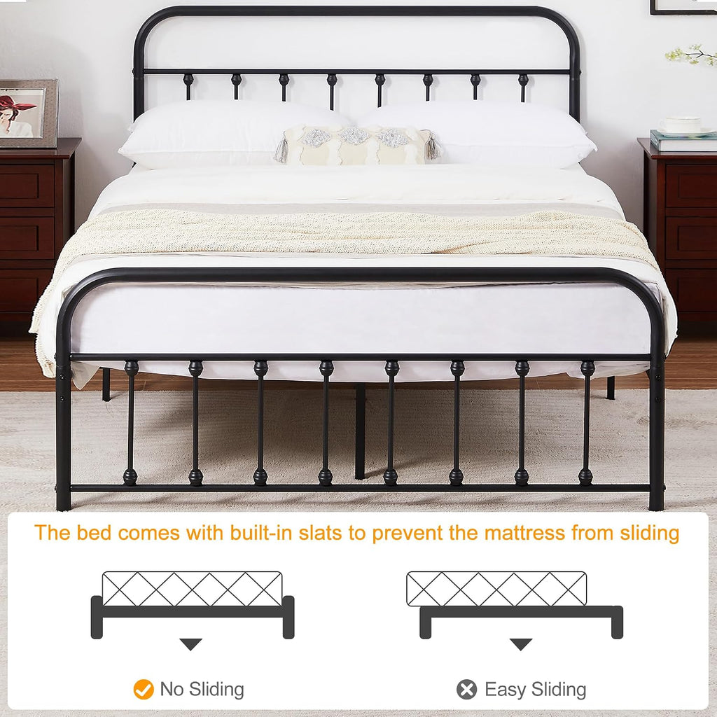 VECELO Queen Size Victorian Style Metal Bed Frame with Headboard Classic Metal Platform Bed Frame Mattress Foundation with Footboard/Under Bed Storage/No Box Spring Black