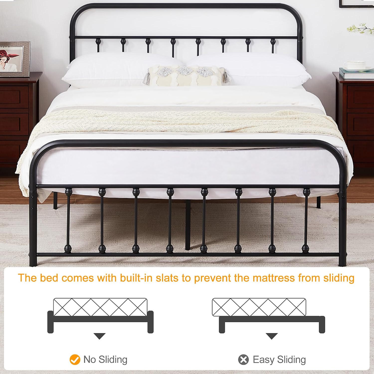 VECELO Queen Size Victorian Style Metal Bed Frame with Headboard Classic Metal Platform Bed Frame Mattress Foundation with Footboard/Under Bed Storage/No Box Spring Black