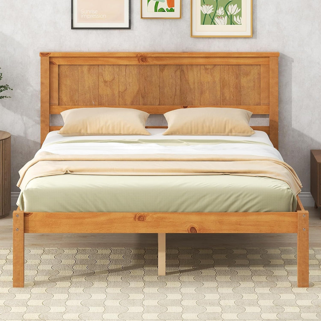 Full Size Wood Bed Frame and Headboard, Modern Retro Oak Platform Beds Frames, Sturdy and Durable Design Rustic Wooden Bedroom Set, Easy Assembly, No Box Spring Needed (Oak, Full)