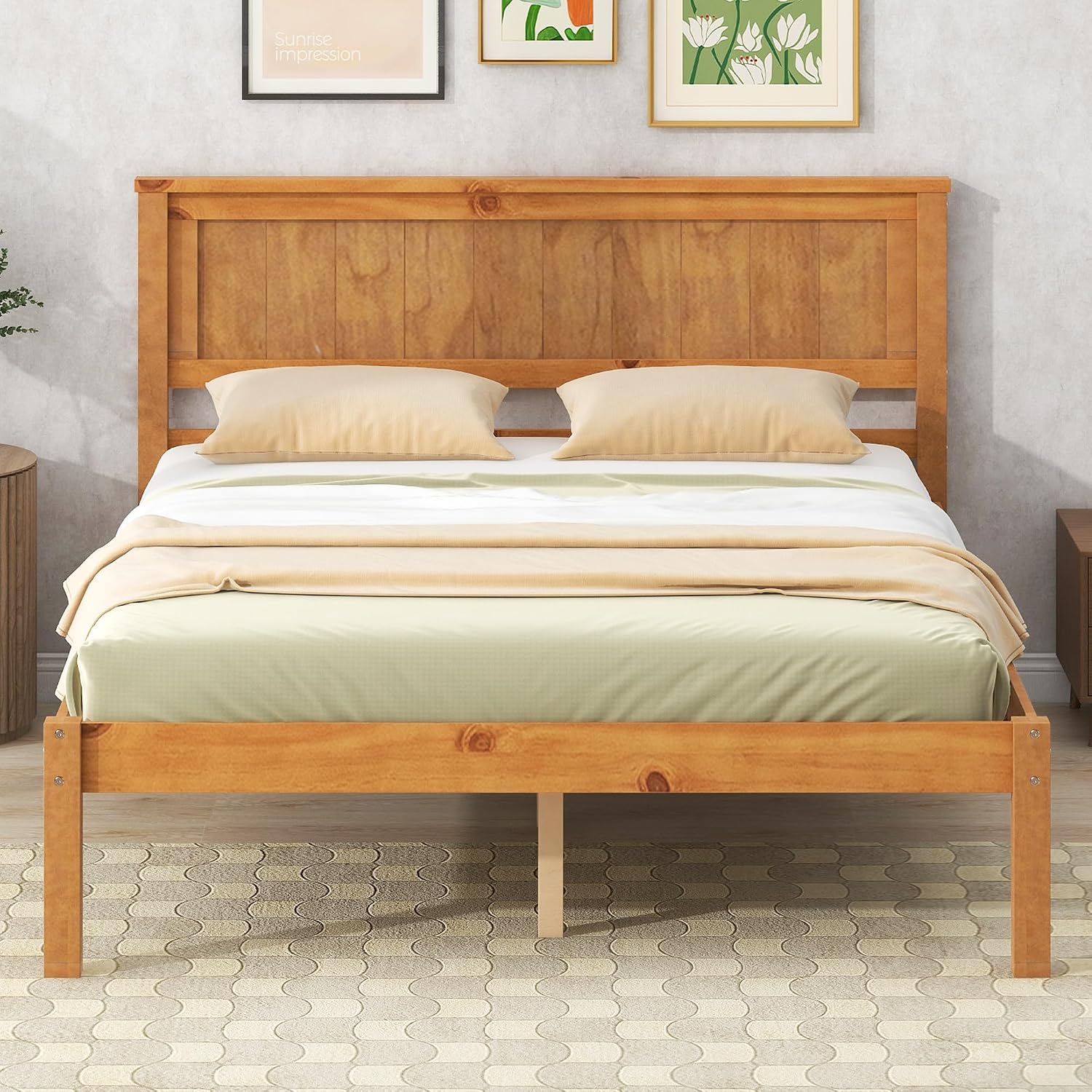 Full Size Wood Bed Frame and Headboard, Modern Retro Oak Platform Beds Frames, Sturdy and Durable Design Rustic Wooden Bedroom Set, Easy Assembly, No Box Spring Needed (Oak, Full)