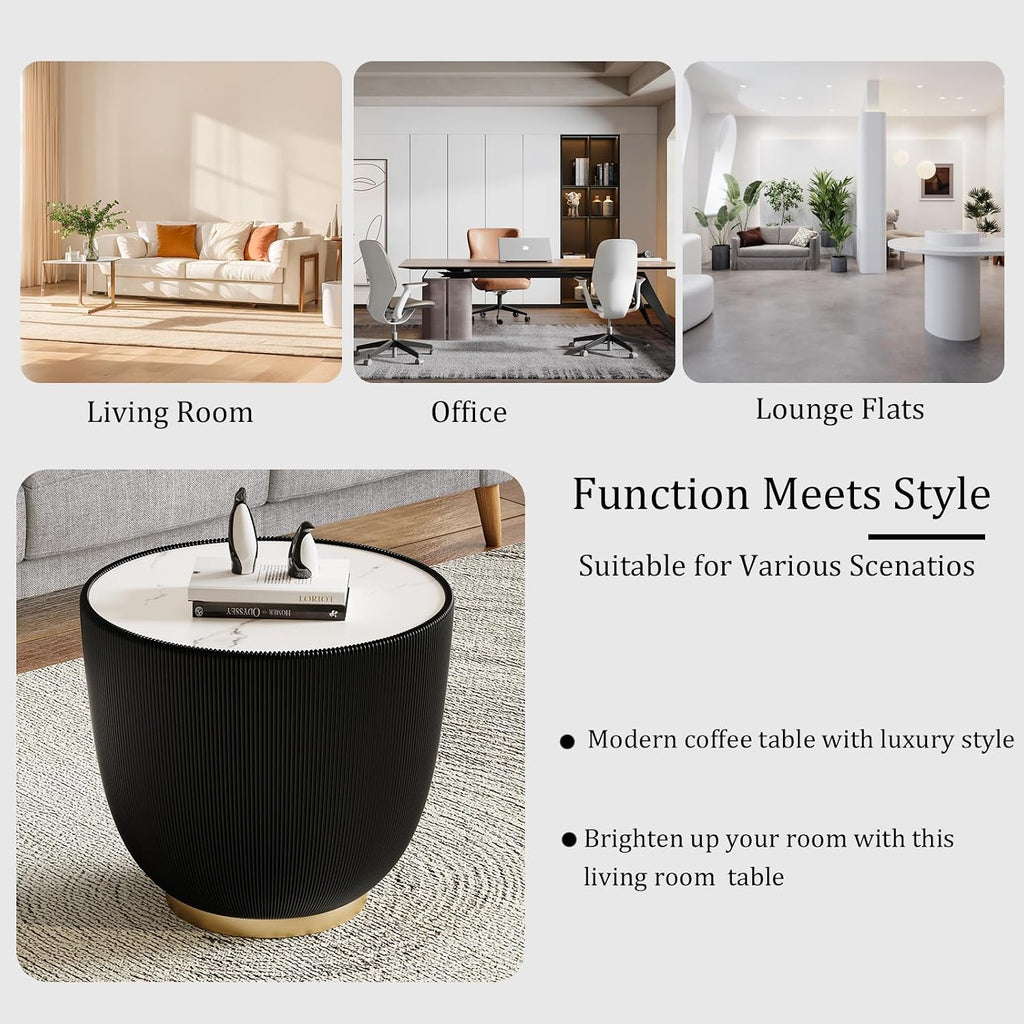 Round Living Room Table Set, 27.56' Black Drum Center Table and 19.69' Black Coffee Table Set, 2 Pieces Coffee Table Set with Sintered Stone Tabletop, Fluted PU Leather Covered and Metal Base