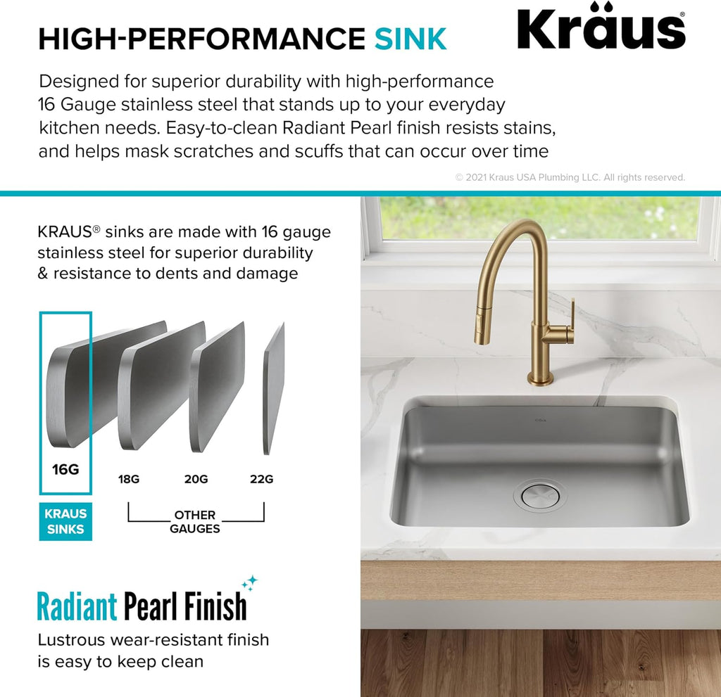 KRAUS Dex 25-inch Undermount 16 Gauge Stainless Steel Single Bowl ADA Kitchen Sink, KA1AS25B