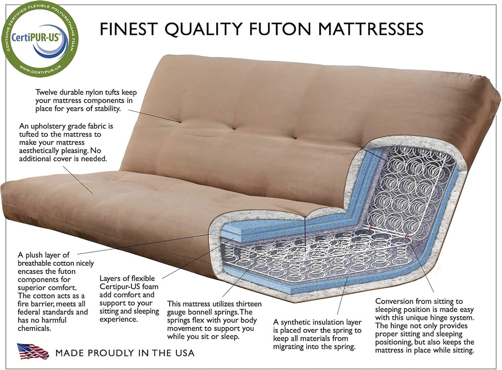 Kodiak Furniture Aspen Futon Set with Reclaim Mocha Finish, Oregon Trail Saddle Mattress, Full
