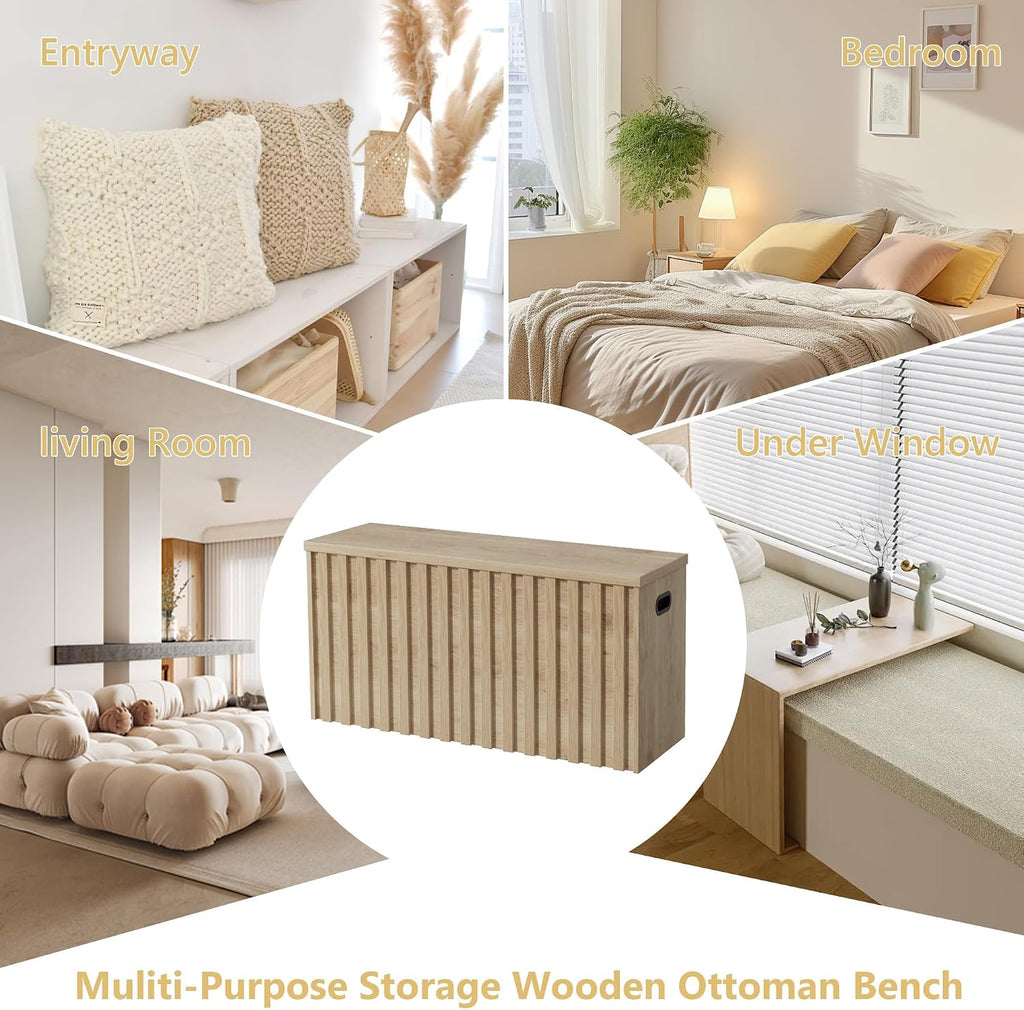 UEV Storage Bench Set of 2, 39.4' Wood Storage Trunk with 2 Safety Hinges, Sturdy Storage Chest, Fluted Storage Bench for Bedroom, Shoe Bench for Entryway, Living Room (Ivroy White)