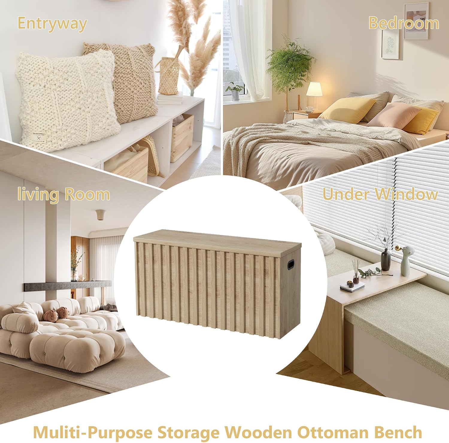 UEV Storage Bench Set of 2, 39.4' Wood Storage Trunk with 2 Safety Hinges, Sturdy Storage Chest, Fluted Storage Bench for Bedroom, Shoe Bench for Entryway, Living Room (Ivroy White)