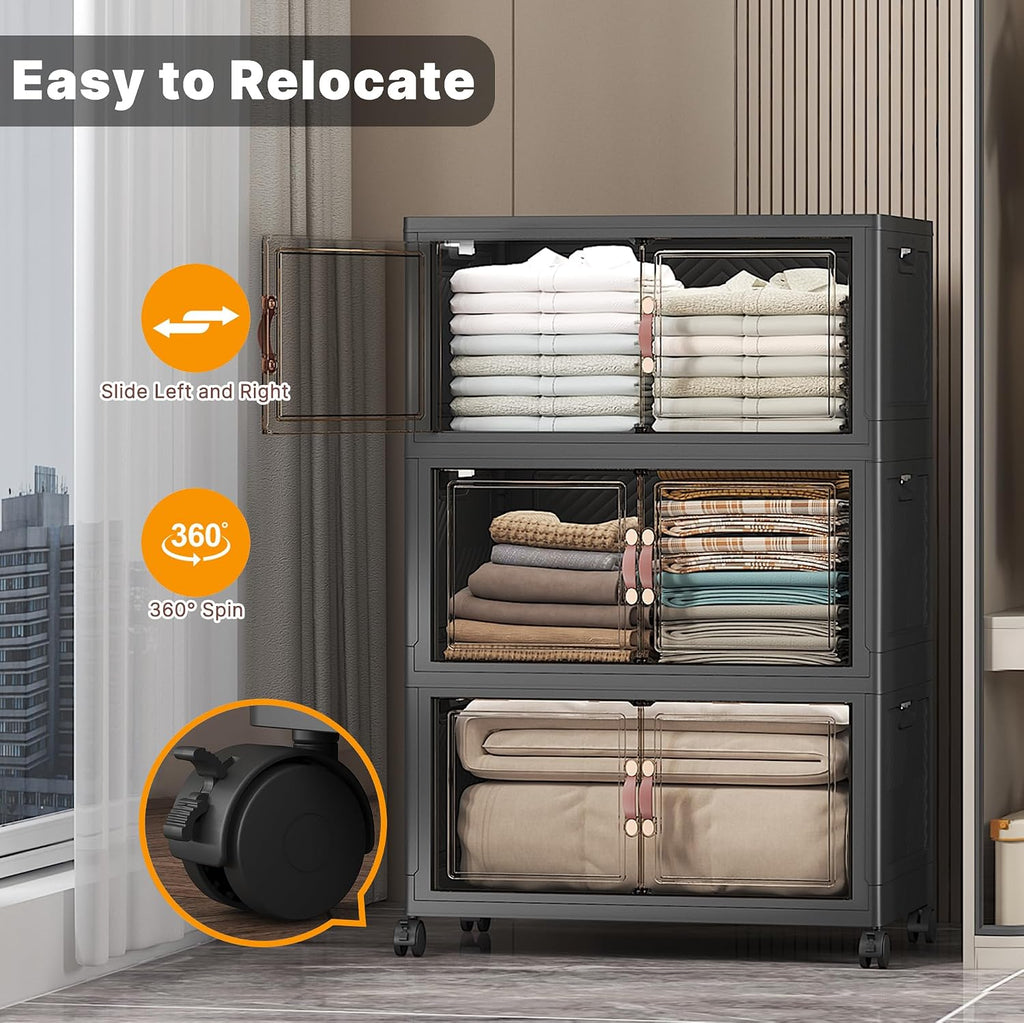 UAMFURI Stackable Storage Bins with Lids & Wheels & Door, Foldable Collapsible Closet Organizers, Extra Large Plastic Storage Drawers for Bedroom Dorm Office Garage (Dark-112QT, 3Pack with 1 top lid)