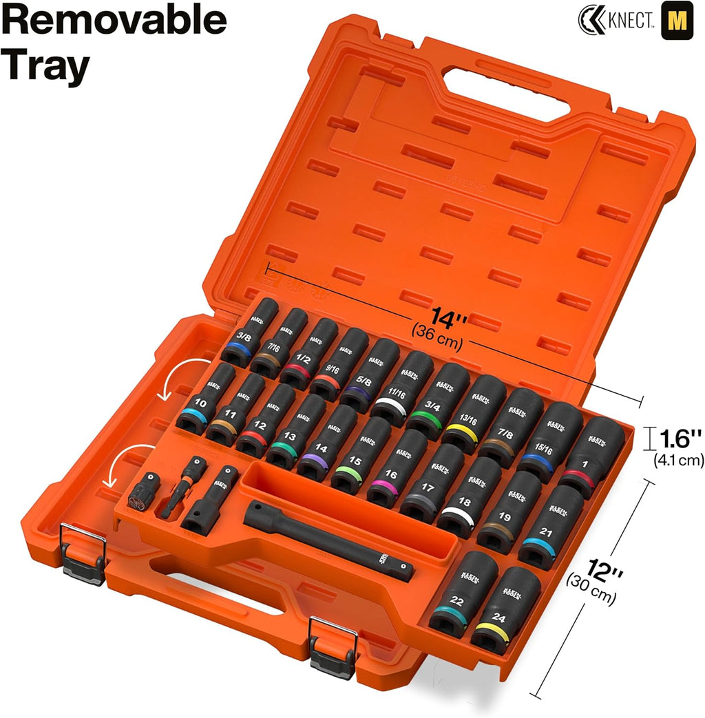 Klein Tools 65123HD KNECT Deep-Well Impact Socket Set, 1/2-Inch Drive, SAE and Metric, 28-Piece Tool Set, 1/4-Inch Impact Driver, Wrench Extensions, Color-Coded, Removable Socket Organizer
