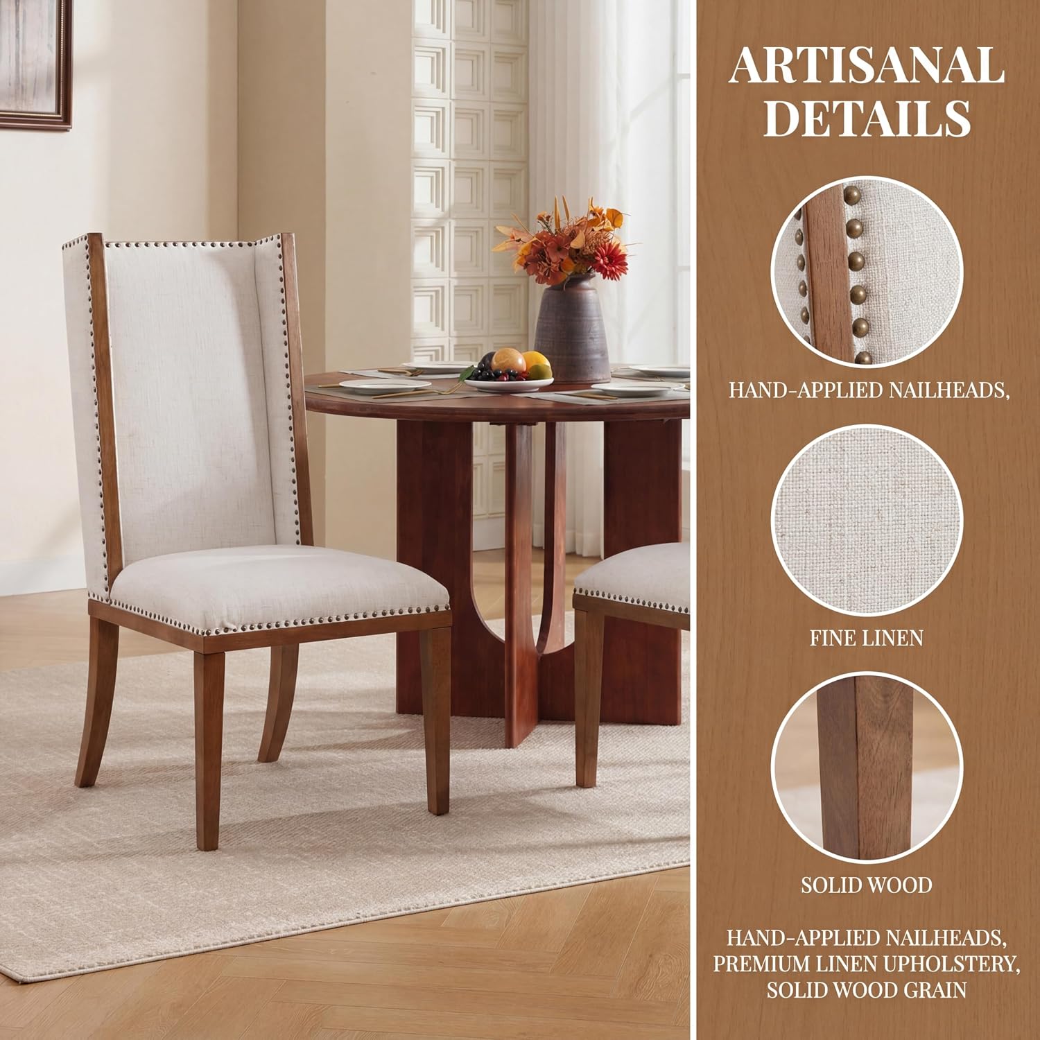 Wingback Dining Chairs Set of 2, Uphosltered Linen Kitchen Chairs with High Back, Solid Wood Accent Side Chair for Dining Room/Bedroom/Living Room, Linen White