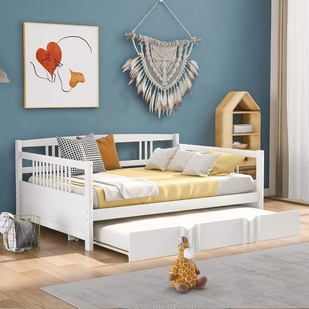 Full Size Daybed Wood with Double Ded Hideaway Trundle,Multi-Functional Design Bed Frame,W/Rails in Three Sides,Slat Support,No Box Spring Needed,forApartment,Bedroom,White