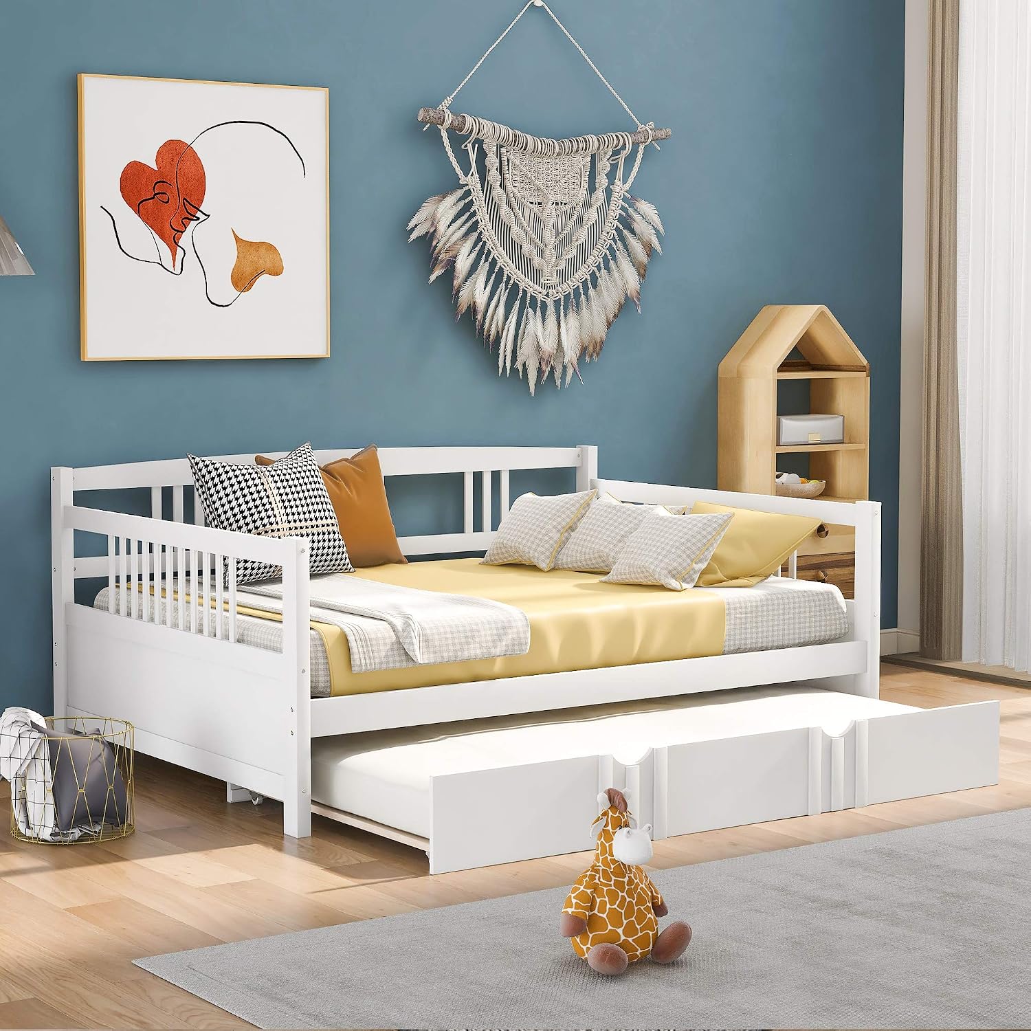 Full Size Daybed Wood with Double Ded Hideaway Trundle,Multi-Functional Design Bed Frame,W/Rails in Three Sides,Slat Support,No Box Spring Needed,forApartment,Bedroom,White