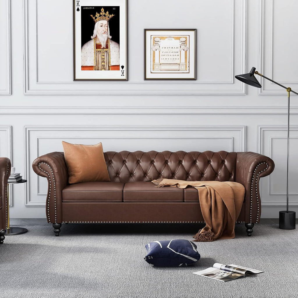 QHITTY Accent Large Sofa, Chesterfield Couch 3 Seater Modern Leather Couch Upholstered Sofa with Tufted Back for Living Room Furniture (Dark Brown)