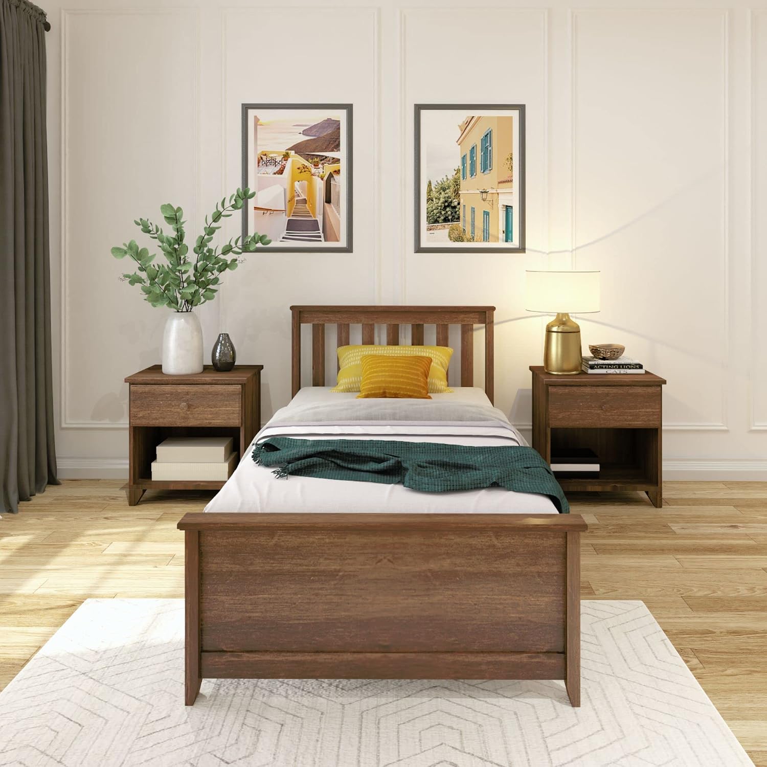 Plank+Beam Solid Wood Twin Bed Frame, Platform Bed with Headboard, Walnut