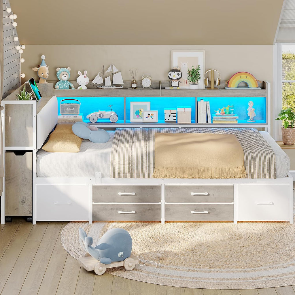 MSmask 14 Inch Corner Bed Frame with Pull-Out Cabinet, Bookcase & Headboad Storage, Twin LED Daybed with 6 Drawers, Charging Station, Twin Size Metal Platform Bed for Kids Teen, White & Oak Grey